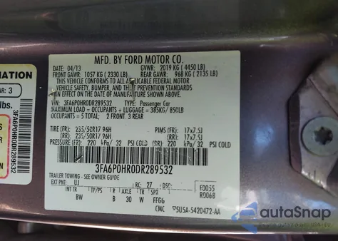 2013 Ford Fusion Se из США, поврежденный, VIN 3FA6P0HR0DR289532